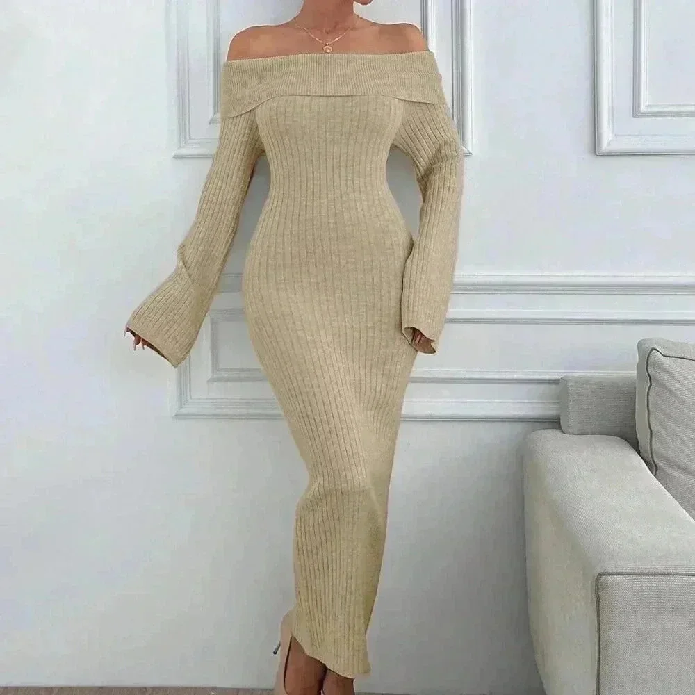 Beige Elegant Women's Off Shoulder Long Sleeve Ribbed Bodycon Knit Sweater Dress - Picture 6 of 6